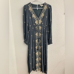 Elegant Long Sleeve Dress with Gold Embroidery